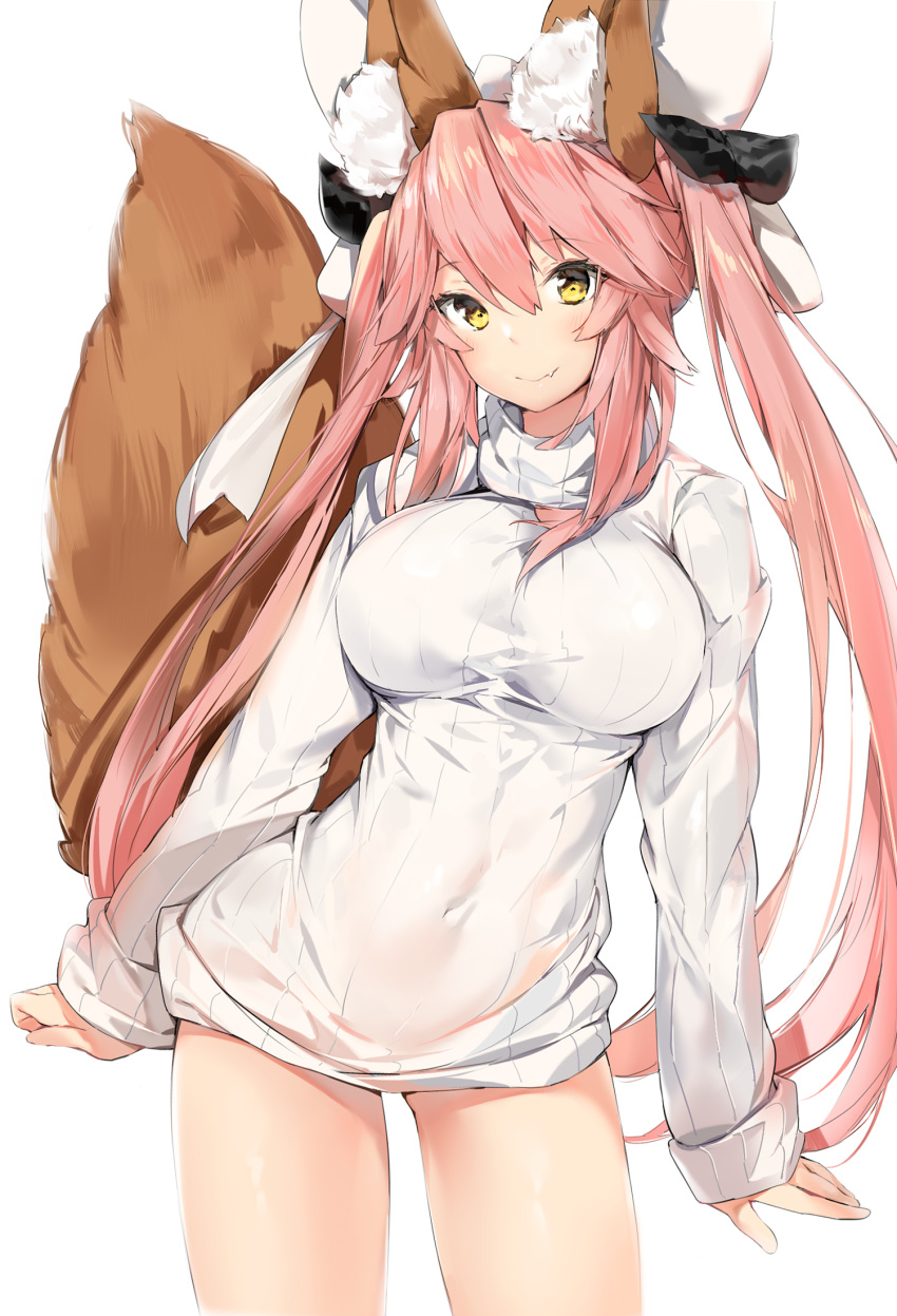 1girl alternate_costume animal_ears bangs black_bow bow breasts closed_mouth commentary_request contrapposto covered_navel cowboy_shot dress eyebrows_visible_through_hair fang fang_out fate/grand_order fate_(series) fox_ears fox_girl fox_tail hair_between_eyes hair_bow head_tilt highres large_breasts legs_apart long_hair long_sleeves looking_at_viewer no_pants pink_hair silver_(chenwen) simple_background sleeves_past_wrists smile solo standing sweater sweater_dress swimsuit tail tamamo_(fate)_(all) tamamo_no_mae_(fate) turtleneck turtleneck_sweater very_long_hair white_background white_bow white_dress white_swimsuit yellow_eyes
