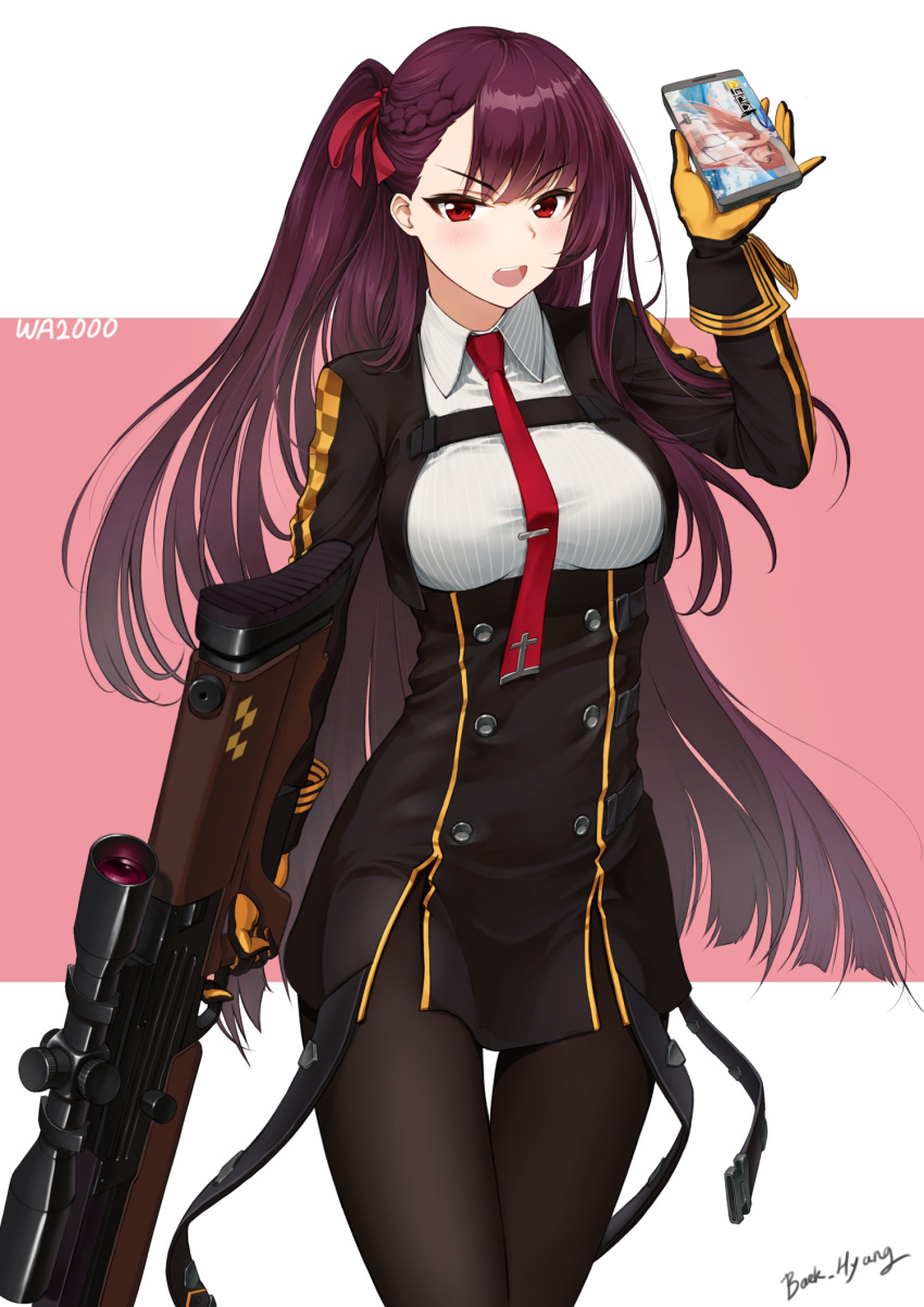 1girl 2girls alternate_costume asymmetrical_bangs baek_hyang bangs beach bikini black_gloves black_legwear black_skirt blazer blush breasts brown_hair buckle bullpup buttons cellphone character_name chocolate_hair cleavage clouds collared_shirt double-breasted eyebrows_visible_through_hair finger_on_trigger game girls_frontline gloves green_eyes gun hair_between_eyes hair_ribbon half-closed_eyes half_updo hat highres holding holding_hat holding_phone jacket large_breasts legs_crossed long_hair looking_at_viewer m1903_springfield_(girls_frontline) multiple_girls necktie one_side_up open_mouth pantyhose phone purple_hair red_eyes red_neckwear red_ribbon ribbon rifle scope shirt sidelocks signature simple_background skirt sleeves_folded_up smartphone smile sniper_rifle solo standing strap striped striped_shirt sun_hat swimsuit tsurime underbust very_long_hair wa2000_(girls_frontline) walther walther_wa_2000 watson_cross weapon white_background white_bikini white_shirt