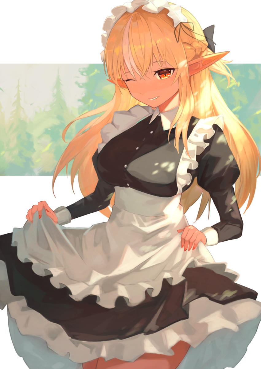 1girl ;) absurdres alternate_costume apron bangs black_dress blonde_hair blush braid commentary_request cowboy_shot dark-skinned_female dark_skin dress elf enmaided eyebrows_visible_through_hair frilled_apron frilled_dress frilled_hairband frills hairband highres hololive juliet_sleeves long_hair long_sleeves looking_at_viewer maid multicolored_hair nail_polish one_eye_closed parted_lips pointy_ears puffy_sleeves red_eyes red_nails shiranui_flare sino_(oyasumi_hf) skirt_hold smile solo standing streaked_hair virtual_youtuber white_apron white_hair