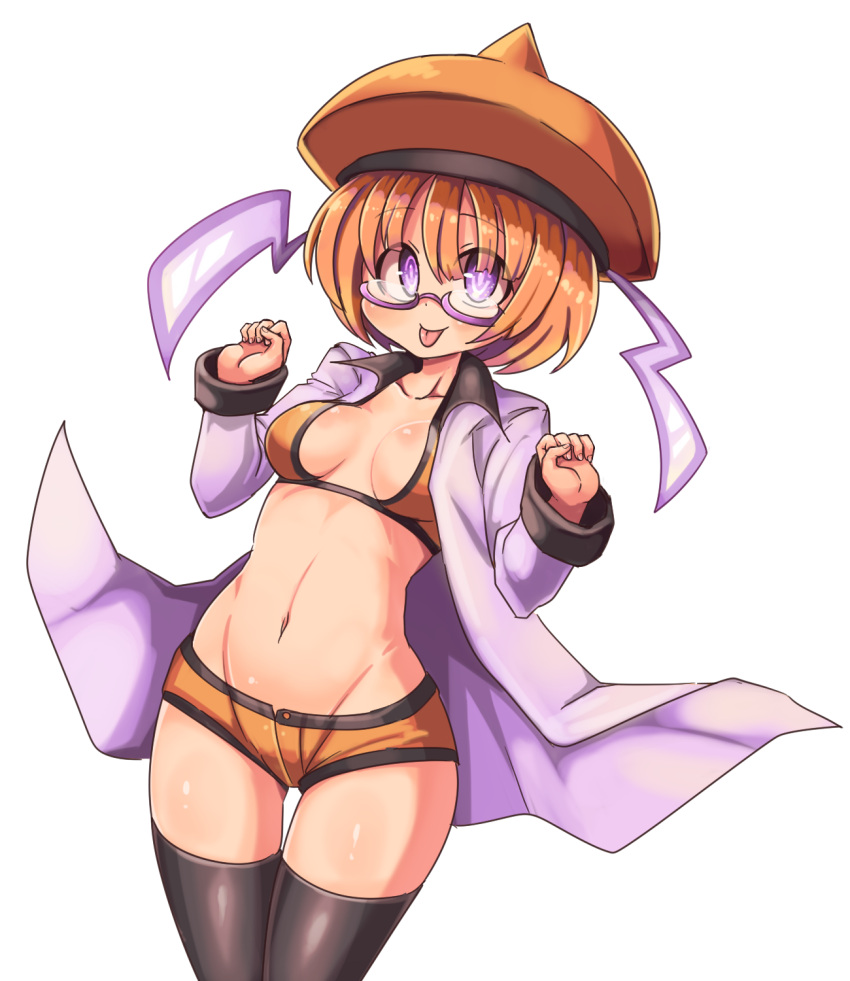 1girl black_legwear borokuro breasts cleavage groin hands_up hat highres labcoat looking_at_viewer midriff navel open_clothes orange_hair orange_hat orange_shorts personification pokemon purple-framed_eyewear rotom short_hair short_shorts shorts small_breasts solo standing tongue tongue_out violet_eyes