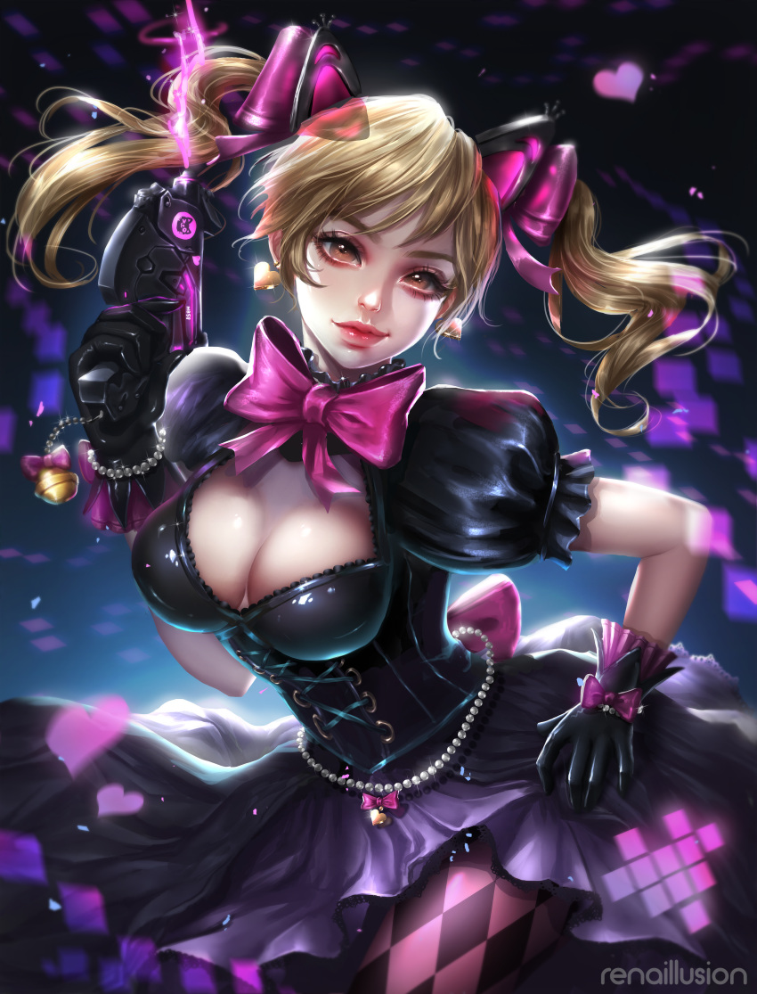 1girl absurdres alternate_costume animal_ears argyle argyle_legwear artist_name bead_bracelet beads black_cat_d.va black_dress black_gloves blonde_hair bow bowtie bracelet breasts brown_eyes cat_ears cleavage corset cowboy_shot d.va_(overwatch) dress earrings eyelashes eyeliner finger_on_trigger gloves gun hand_on_hip handgun heart heart_earrings highres holding holding_gun holding_weapon jewelry large_breasts light_smile lips lipstick lolita_fashion looking_at_viewer makeup mascara nose overwatch pink_bow pink_lips pistol puffy_short_sleeves puffy_sleeves purple_background rena_illusion short_sleeves solo twintails weapon