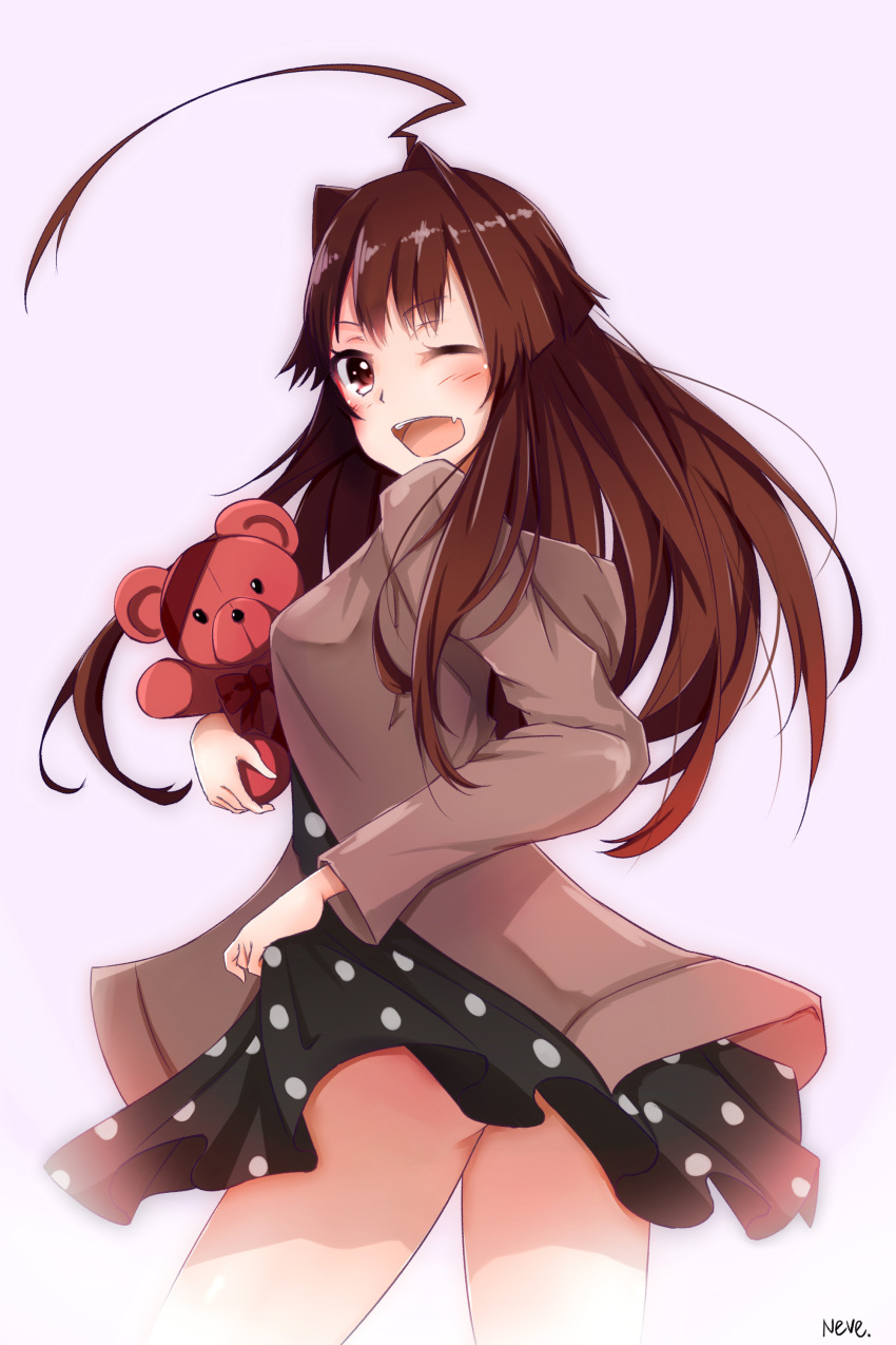 1girl absurdres ahoge artist_name back black_dress brown_eyes brown_hair brown_jacket dress fang gradient gradient_background highres hood hooded_jacket hoodie huge_ahoge jacket kantai_collection kuma_(kantai_collection) long_hair looking_back neve one_eye_closed open_mouth pink_background polka_dot polka_dot_dress solo standing stuffed_animal stuffed_toy teddy_bear