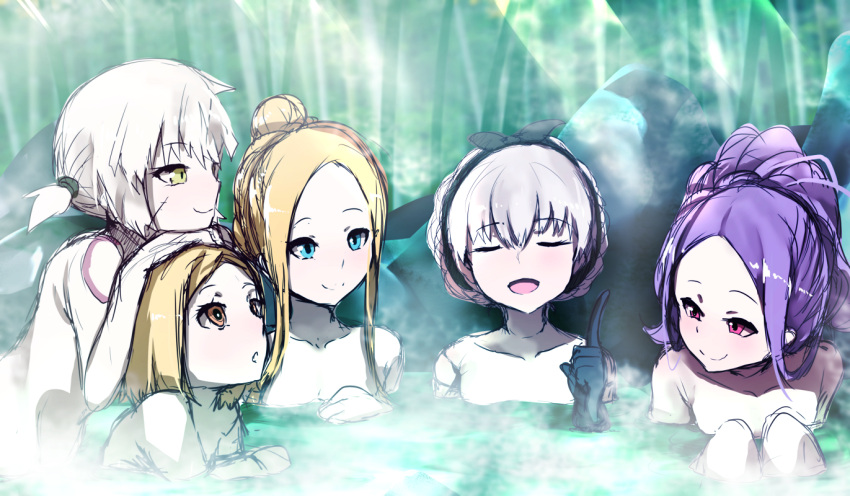 5girls :d :o abigail_williams_(fate/grand_order) bangs black_gloves blonde_hair blue_eyes brown_hair closed_eyes closed_mouth collarbone day doll_joints eyebrows_visible_through_hair facing_viewer fate/extra fate/grand_order fate_(series) forest gloves hair_between_eyes hair_bun hair_up hands_on_another's_head head_rest index_finger_raised jack_the_ripper_(fate/apocrypha) long_hair looking_at_another multiple_girls nature nude nursery_rhyme_(fate/extra) onsen open_mouth outdoors parted_bangs parted_lips partially_submerged paul_bunyan_(fate/grand_order) purple_hair scar_on_cheek shared_bathing short_hair shoulder_tattoo sidelocks silver_hair sketch smile tattoo violet_eyes wadakazu wu_zetian_(fate/grand_order) yellow_eyes