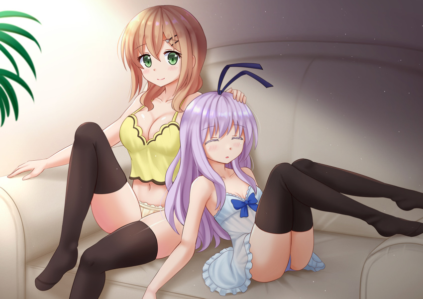 2girls bare_shoulders black_legwear blue_dress blush bow breasts closed_eyes collarbone commentary couch dress dust_particles eyebrows_visible_through_hair green_eyes hair_ornament hairclip hand_on_another's_head highres kazenokaze light_brown_hair looking_at_viewer midriff multiple_girls navel no_shoes purple_hair sengoku_kamuri sitting slow_start thigh-highs tokura_eiko