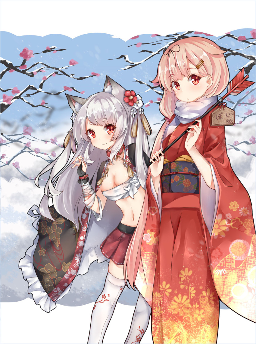 2girls alternate_costume animal_ears azur_lane black_ribbon blonde_hair commentary_request crossover ema hair_flaps hair_ornament hair_ribbon hairclip highres japanese_clothes kantai_collection kimono long_hair multiple_girls namesake obi red_eyes remodel_(kantai_collection) ribbon sash scarlet_dango white_hair yukata yuudachi_(azur_lane) yuudachi_(kantai_collection)