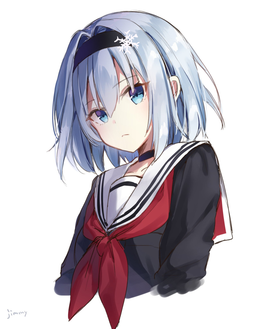 1girl black_serafuku blue_eyes blue_hair choker highres jimmy looking_at_viewer ryuuou_no_oshigoto! sailor_collar school_uniform serafuku short_hair sora_ginko upper_body white_background