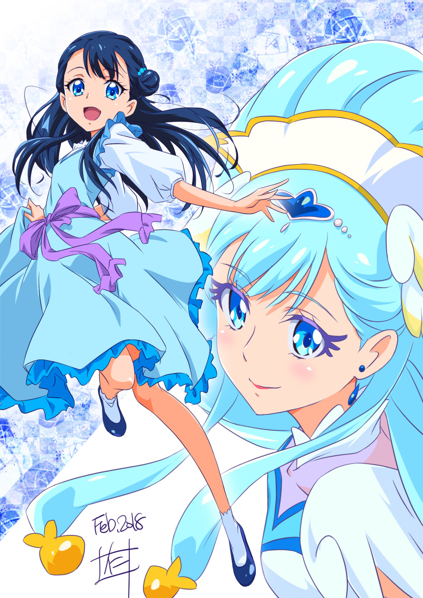 2girls :d blue blue_background blue_dress blue_eyes blue_hair bow closed_mouth cure_ange dated dress dual_persona earrings full_body hair_bun hair_ornament highres hugtto!_precure jewelry long_hair looking_at_viewer multiple_girls nii_manabu open_mouth precure purple_bow shoes signature smile socks yakushiji_saaya