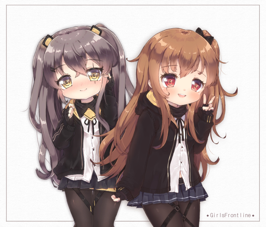 2girls :d arm_up bangs belt_buckle black_belt black_bow black_gloves black_hoodie black_legwear black_ribbon black_skirt blue_skirt blush bow brown_hair buckle closed_mouth copyright_name dress_shirt eyebrows_visible_through_hair fingerless_gloves foreign_blue girls_frontline gloves hair_between_eyes hair_bow hair_ornament hairclip hand_up head_tilt highres hood hood_down hoodie long_hair long_sleeves looking_at_viewer multiple_girls nose_blush one_side_up open_clothes open_hoodie open_mouth pantyhose pleated_skirt red_eyes ribbon scar scar_across_eye shirt skirt sleeves_past_wrists smile twintails ump45_(girls_frontline) ump9_(girls_frontline) upper_teeth v very_long_hair white_shirt yellow_eyes
