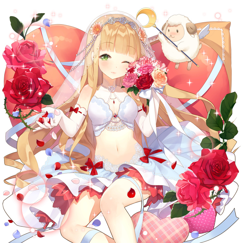 1girl :3 ;) bangs beads blunt_bangs blush bouquet bow breasts bridal_veil cleavage cleavage_cutout closed_mouth crescent crop_top dress drill_hair elbow_gloves eyebrows_visible_through_hair floating flower gem gloves green_eyes hair_flower hair_ornament half-closed_eyes halterneck hand_up happy heart heart_pillow highres holding holding_bouquet holding_staff lace leaf lens_flare light_brown_hair light_smile lina_princella long_hair looking_at_viewer medium_breasts midriff navel nose_blush official_art one_eye_closed orange_flower orange_rose outstretched_arm outstretched_hand petals petticoat pillow pink_flower pink_rose plaid plant pleated_skirt polka_dot red_bow red_flower red_rose ribbon ribbon-trimmed_gloves ribbon_trim rose ruby_(stone) salt_(salty) see-through sheep shiny shiny_hair sidelocks sitting skirt smile sparkle staff thorns tiara transparent_background turtleneck uchi_no_hime-sama_ga_ichiban_kawaii veil very_long_hair vines wedding_dress white_gloves white_wings wings