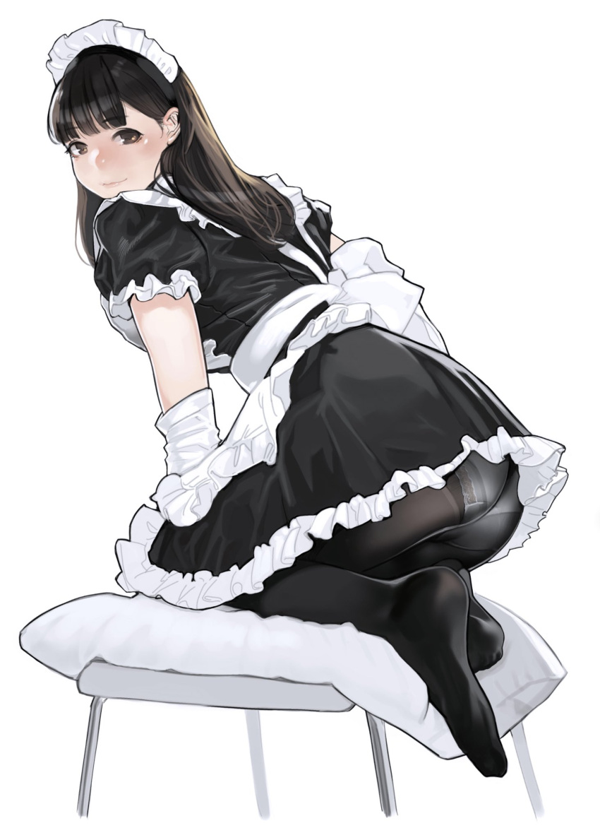 1girl apron ass bangs black_dress blue_panties blunt_bangs blush brown_eyes brown_hair cushion dress elbow_gloves eyebrows_visible_through_hair frilled_dress frilled_sleeves frills from_side full_body gloves highres kneeling leaning_forward lips long_hair looking_at_viewer looking_to_the_side maid maid_headdress no_shoes original panties panties_under_pantyhose pantyhose pantyshot pantyshot_(kneeling) puffy_short_sleeves puffy_sleeves short_sleeves solo stool straight_hair underwear upskirt white_apron white_gloves yomu_(sgt_epper)