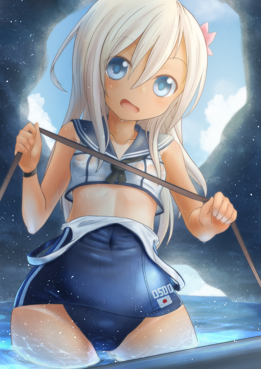 1girl absurdres black_neckwear blonde_hair blue_eyes blue_sailor_collar character_name clouds covered_navel cowboy_shot crop_top flower hair_flower hair_ornament highres hole kanimiso_(juutilainen77) kantai_collection looking_at_viewer neckerchief one-piece_tan open_mouth ro-500_(kantai_collection) rock rope sailor_collar school_swimsuit solo swimsuit swimsuit_pull swimsuit_under_clothes tan tanline water