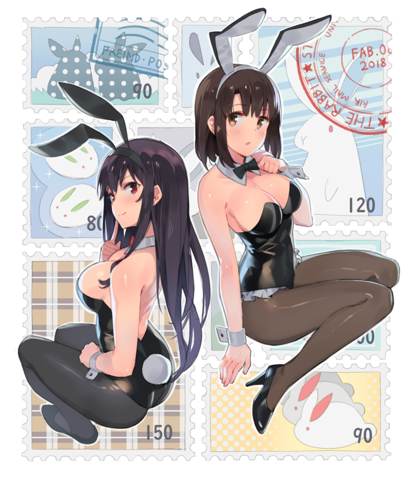 2018 2girls :o animal_ears bangs bare_shoulders black_hair black_legwear black_leotard blush breasts brown_eyes brown_hair bunny_tail bunnysuit cleavage closed_mouth ddal detached_collar eyebrows_visible_through_hair fake_animal_ears fake_tail frill_trim full_body high_heels highres kasumigaoka_utaha katou_megumi large_breasts legs_together leotard long_hair looking_at_viewer looking_back multiple_girls open_mouth pantyhose purple_hair rabbit rabbit_ears red_eyes saenai_heroine_no_sodatekata short_hair sidelocks sitting smile snow_bunny stamp tail