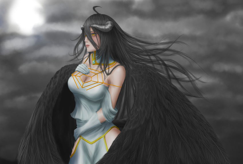 1girl ahoge albedo bare_shoulders black_hair black_wings breasts cleavage demon_girl demon_horns dress gloves hair_between_eyes highres horns jewelry large_breasts long_hair necklace overlord_(maruyama) solo white_gloves wings yellow_eyes zocalo96