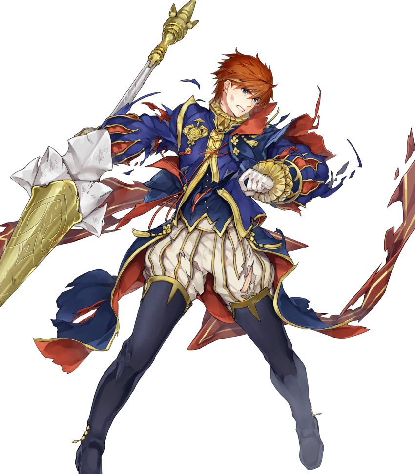 1boy blue_eyes cape eliwood_(fire_emblem) fire_emblem fire_emblem:_rekka_no_ken fire_emblem_heroes full_body highres holding itou_misei male_focus official_art polearm redhead short_hair solo spear torn_clothes weapon