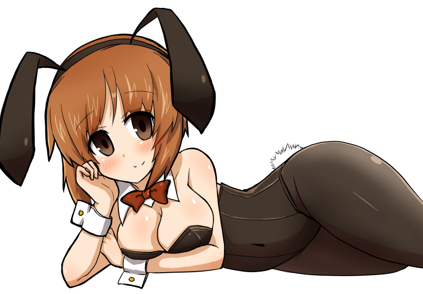 1girl absurdres animal_ears black_legwear black_leotard bow bowtie breast_rest breasts brown_eyes brown_hair bunny_tail bunnysuit chin_rest cleavage closed_mouth covered_navel detached_collar eyebrows_visible_through_hair fake_animal_ears fake_tail girls_und_panzer highres kumo_(atm) leotard looking_at_viewer lying medium_breasts nishizumi_miho on_side pantyhose rabbit_ears red_neckwear simple_background smile solo strapless strapless_leotard tail thighs white_background white_collar wrist_cuffs