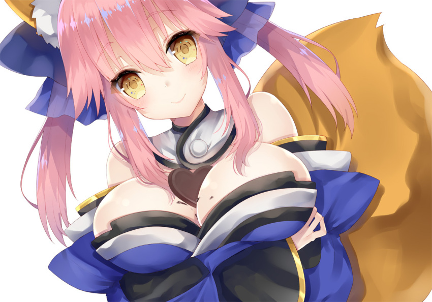 1girl animal_ears bare_shoulders between_breasts blue_ribbon blush bow breasts chocolate chocolate_heart cleavage detached_sleeves fate_(series) fox_ears fox_tail hair_bow hair_ribbon heart japanese_clothes large_breasts looking_at_viewer pink_hair ribbon simple_background solo tail tamamo_(fate)_(all) tamamo_no_mae_(fate) white_background yellow_eyes yuzu-aki