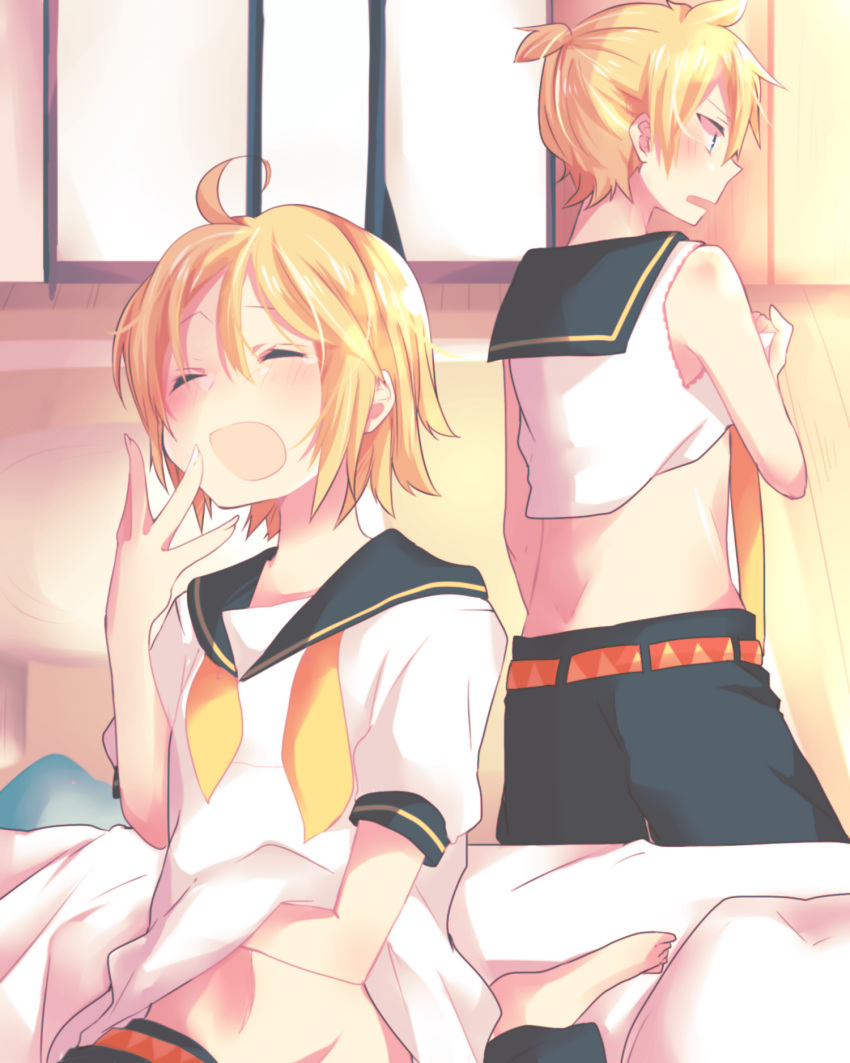 1boy 1girl ahoge aoi_choko_(aoichoco) bed bed_sheet belt blonde_hair blue_eyes blush brother_and_sister closed_eyes confused cosplay costume_switch hand_on_own_stomach highres kagamine_len kagamine_rin messy_hair midriff open_mouth sailor_collar sailor_shirt scratching shirt short_hair short_ponytail shorts siblings sleepy sleeveless sleeveless_shirt tears twins vocaloid waking_up window yawning yellow_neckwear
