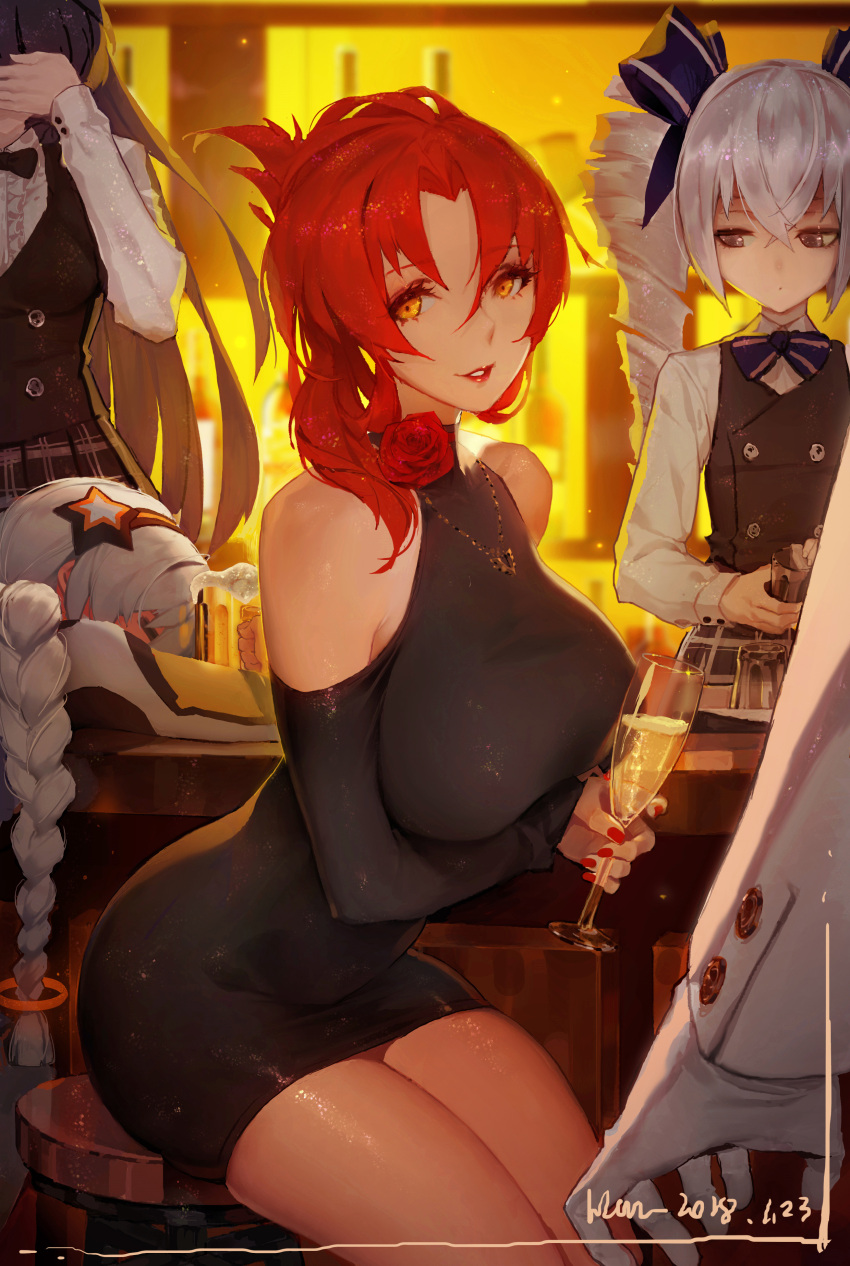 4girls absurdres alcohol bar beer beer_mug benghuai_xueyuan black_dress black_hair breasts bronya_zaychik cup dress drinking_glass hairband han-0v0 head_out_of_frame highres honkai_impact jewelry kiana_kaslana large_breasts looking_at_viewer multiple_girls murata_himeko nail_polish necklace raiden_mei redhead silver_hair star wine_glass