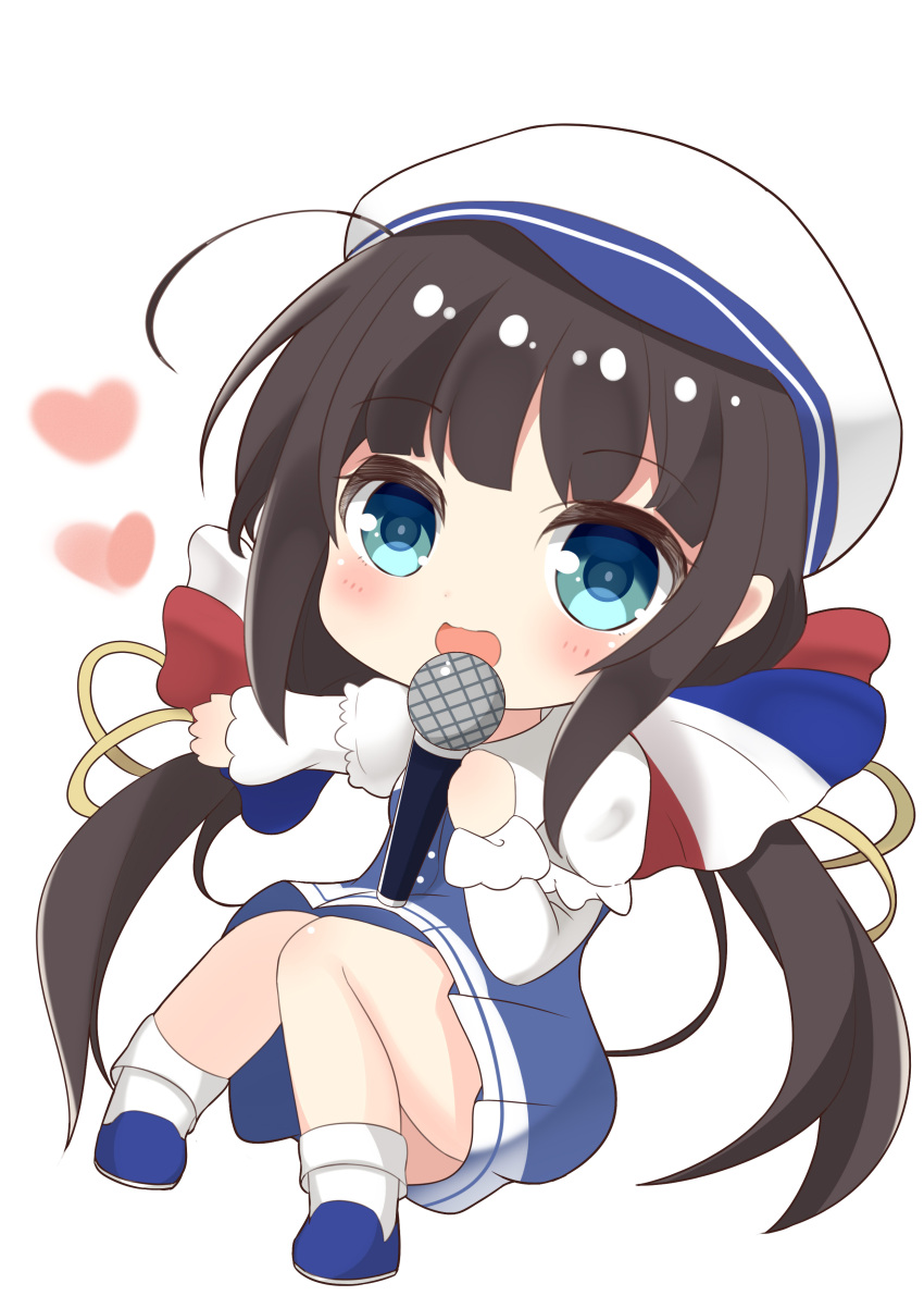 1girl :d absurdres ahoge beret blue_dress blue_eyes blue_footwear blush bobby_socks brown_hair chibi dress hat heart highres hinatsuru_ai holding holding_microphone ju_(a793391187) long_hair long_sleeves low_twintails microphone open_mouth puffy_short_sleeves puffy_sleeves ryuuou_no_oshigoto! school_uniform shoes short_over_long_sleeves short_sleeves sidelocks simple_background smile socks solo twintails very_long_hair white_background white_hat white_legwear