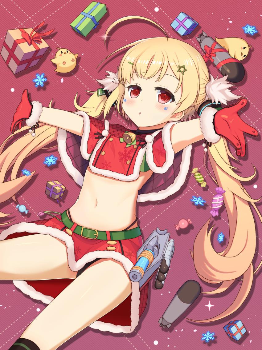 1girl animal azur_lane bangs belt belt_buckle bird black_legwear black_panties blonde_hair blush box buckle candy_wrapper chestnut_mouth chick christmas commentary_request eldridge_(azur_lane) eyebrows_visible_through_hair facial_mark fur-trimmed_capelet fur-trimmed_gloves fur-trimmed_skirt fur_trim gift gift_box gift_wrapping gloves green_belt hair_ornament hairclip highleg highleg_panties highres kneehighs kyuujou_komachi long_hair outstretched_arms panties parted_lips red_capelet red_eyes red_gloves red_skirt skirt snowflakes solo spread_arms star star_hair_ornament torpedo twintails underwear very_long_hair