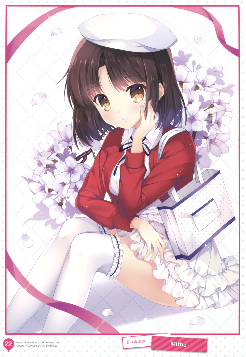 1girl absurdres artist_name bag bangs beret breasts brown_eyes brown_hair eyebrows_visible_through_hair fingernails flower frills hat highres jacket katou_megumi layered_skirt long_sleeves medium_breasts mitha open_clothes open_jacket page_number petals polka_dot saenai_heroine_no_sodatekata short_hair simple_background sitting skirt solo thigh-highs white_legwear zettai_ryouiki