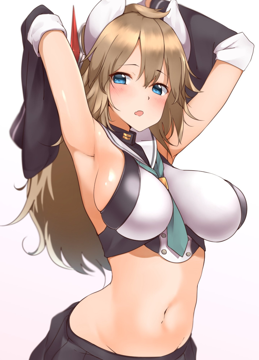 1girl :o animal_ears aqua_neckwear armpits arms_behind_head arms_up azur_lane bangs black_skirt blue_eyes blurry blush breasts brown_hair commentary_request crop_top depth_of_field detached_sleeves eyebrows_visible_through_hair fang furutaka_(azur_lane) gloves groin hair_between_eyes headgear hechi_(hechi322) highres large_breasts long_hair looking_at_viewer midriff navel neckerchief open_mouth remodel_(azur_lane) school_uniform serafuku shiny shiny_hair shiny_skin sideboob simple_background skirt solo turtleneck upper_body white_background white_gloves wide_sleeves