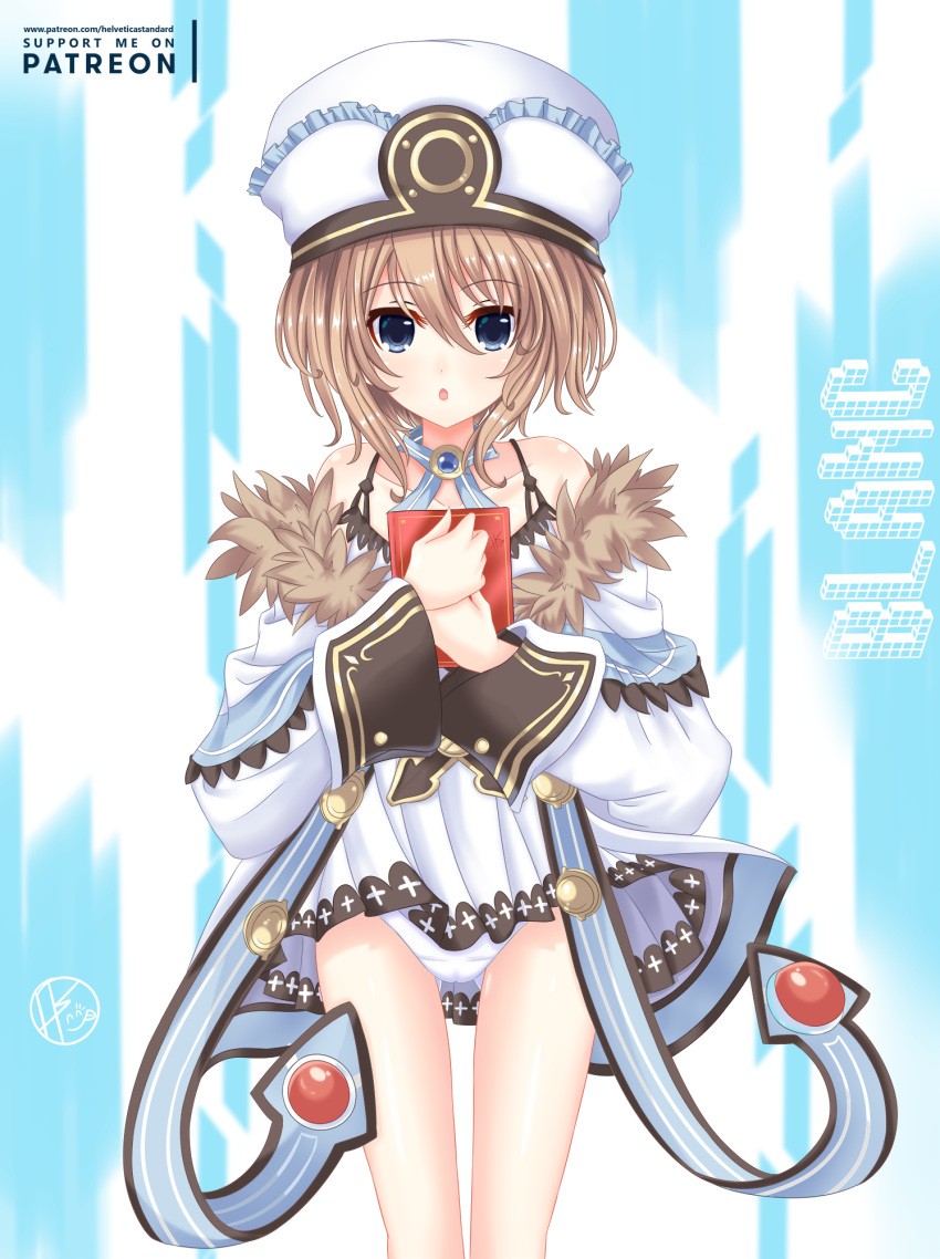 1girl :o bare_shoulders blanc blue_eyes book brown_hair character_name collarbone dress dress_lift frilled_dress frills fur_trim hat helvetica_5tandard highres holding holding_book looking_at_viewer neptune_(series) panties pantyshot short_dress short_hair signature solo spaghetti_strap underwear white_coat white_dress white_hat white_panties wide_sleeves