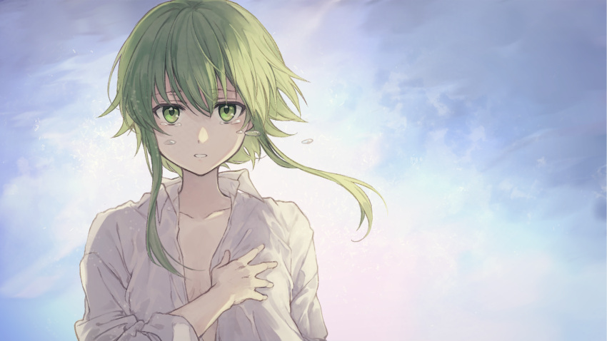 1girl akeno-com bangs collarbone collared_shirt crying crying_with_eyes_open eyebrows_visible_through_hair flat_chest gradient gradient_background green_eyes green_hair grey_shirt gumi hand_on_own_chest highres long_sleeves looking_at_viewer no_bra open_clothes open_shirt parted_lips shirt short_hair_with_long_locks sidelocks solo tareme tears upper_body vocaloid wing_collar