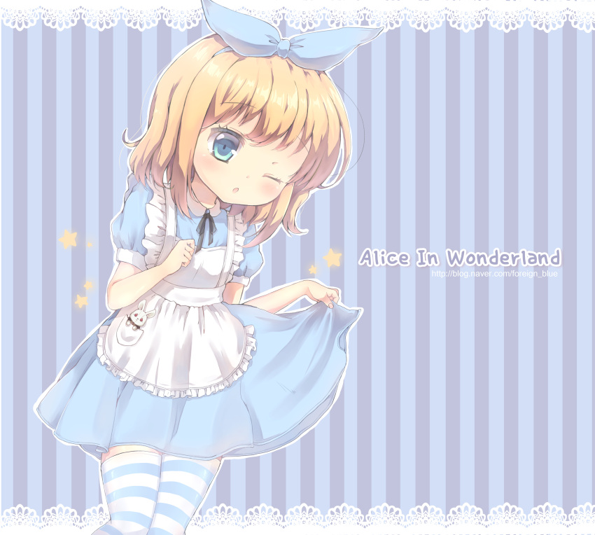 1girl absurdres alice_(wonderland) alice_in_wonderland apron bangs blue_dress blue_eyes blue_hairband blue_ribbon blush brown_hair character_doll chestnut_mouth commentary_request copyright_name dress eyebrows_visible_through_hair fingernails foreign_blue frilled_apron frills hair_between_eyes hair_ribbon hairband highres lace_border looking_at_viewer maid_apron one_eye_closed parted_lips pleated_dress pocket puffy_short_sleeves puffy_sleeves ribbon short_hair short_sleeves skirt_hold solo star striped striped_legwear stuffed_animal stuffed_bunny stuffed_toy thigh-highs vertical-striped_background vertical_stripes watermark web_address white_apron white_rabbit