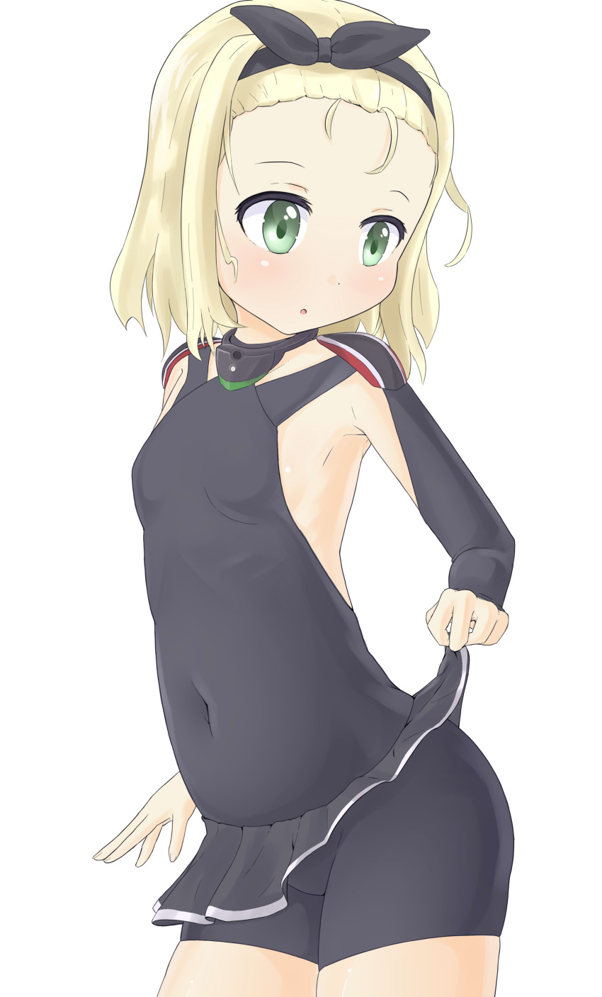 1girl absurdres armpits bike_shorts black_hairband black_skirt blonde_hair blush breasts collarbone commentary_request covered_navel cowboy_shot green_eyes hairband highres kantai_collection looking_to_the_side luigi_torelli_(kantai_collection) medium_hair microskirt open_mouth pleated_skirt shiny shiny_skin simple_background skin_tight skindentation skirt skirt_hold small_breasts solo spectra swimsuit uit-25_(kantai_collection) white_background