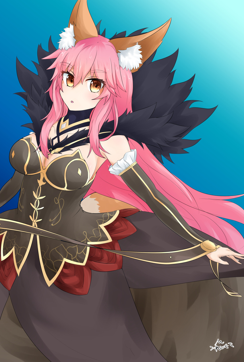 1girl absurdly_long_hair absurdres animal_ears bare_shoulders black_dress blue_background breasts bridal_gauntlets cleavage commentary_request cosplay detached_sleeves dress fate/apocrypha fate/grand_order fate_(series) fox_ears fox_tail fur_trim highres large_breasts long_dress long_hair looking_at_viewer open_mouth pink_hair rexeig semiramis_(fate) semiramis_(fate)_(cosplay) simple_background solo tail tamamo_(fate)_(all) tamamo_no_mae_(fate) very_long_hair yellow_eyes