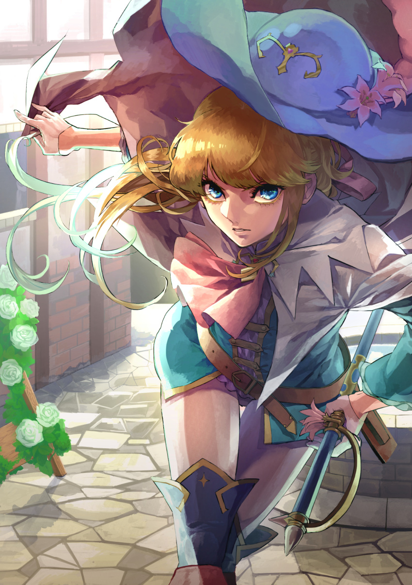 absurdres artist_request blonde_hair blue_eyes cape chevalier_d'eon_(fate/grand_order) fate/grand_order fate_(series) flower gloves hair_ribbon hat hat_flower highres holding holding_sword holding_weapon looking_at_viewer ribbon rose solo sword weapon white_cape white_gloves
