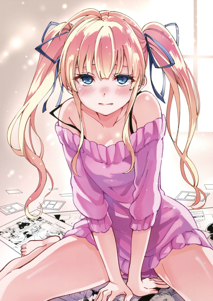 1girl absurdres ahoge bangs bare_legs bare_shoulders barefoot between_legs black_ribbon blonde_hair blue_eyes blush breasts collarbone comic cropped dress eyelashes fang fang_out fingernails hair_ornament hair_ribbon half-closed_eye hand_between_legs highres indoors long_fingernails long_hair long_sleeves looking_at_viewer manga_(object) nose_blush off-shoulder_dress off-shoulder_sweater off_shoulder ribbon saenai_heroine_no_sodatekata sakayama_shinta sawamura_spencer_eriri scan sitting sleeves_past_elbows solo spaghetti_strap strap_slip sweater toenails toes twintails wariza