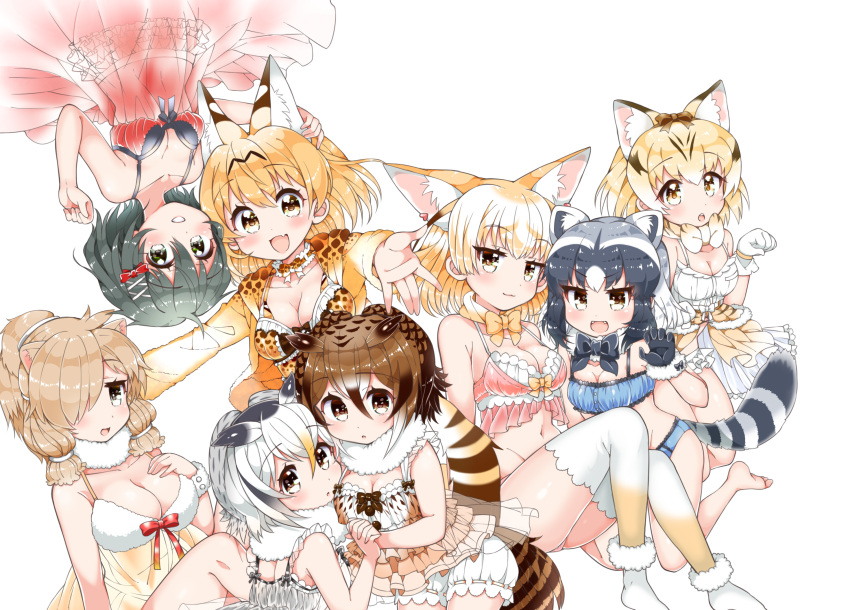 6+girls :3 :d :o alpaca_ears alpaca_suri_(kemono_friends) animal_ears babydoll bare_arms bare_legs bird_tail black_hair blonde_hair bloomers bow bowtie bra breasts brown_eyes brown_hair cleavage closed_mouth collar collarbone common_raccoon_(kemono_friends) eurasian_eagle_owl_(kemono_friends) eyebrows_visible_through_hair fang fangs fennec_(kemono_friends) fox_ears frills fur_collar fur_trim gloves grey_eyes grey_hair hair_between_eyes hair_ornament hair_over_one_eye hand_holding hand_on_another's_head hand_on_own_chest hands_up heart highres hood hood_down hoodie interlocked_fingers kaban_(kemono_friends) kanjitomiko kemono_friends kneeling lingerie long_hair long_sleeves looking_at_viewer multicolored_hair multiple_girls navel northern_white-faced_owl_(kemono_friends) open_clothes open_hoodie open_mouth outstretched_arms panties paw_pose raccoon_ears raccoon_tail sand_cat_(kemono_friends) see-through serval_(kemono_friends) serval_ears serval_tail shiny shiny_hair simple_background sitting smile stomach striped_tail tail thigh-highs tsurime underwear underwear_only upside-down white_background white_bloomers white_hair yellow_eyes