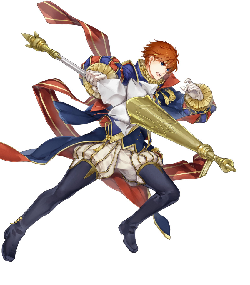 1boy blue_eyes cape eliwood_(fire_emblem) fire_emblem fire_emblem:_rekka_no_ken fire_emblem_heroes full_body highres holding itou_misei male_focus official_art open_mouth polearm redhead short_hair solo spear weapon