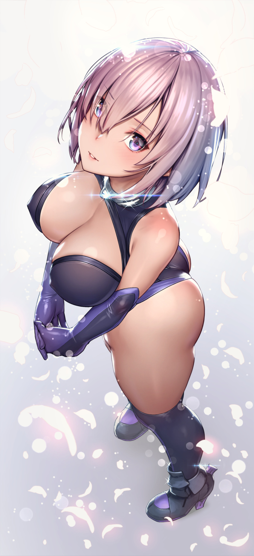 1girl absurdres arched_back ass bad_anatomy bad_perspective bad_revision bangs black_gloves black_legwear blush breasts cleavage downscaled_revision elbow_gloves eyebrows_visible_through_hair eyes_visible_through_hair fate/grand_order fate_(series) from_above glint gloves hair_over_one_eye highres interlocked_fingers large_breasts lips looking_at_viewer mash_kyrielight parted_lips pigeon-toed purple_hair remana short_hair smile solo standing thigh-highs thighs tsurime v_arms violet_eyes