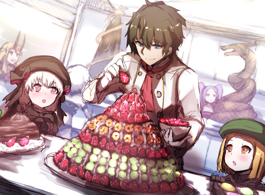 +_+ 1boy 5girls bangs beret black_bow black_dress black_hat black_panties blonde_hair blue_eyes blurry blurry_background blush bow bowl brown_eyes brown_hair chestnut_mouth depth_of_field dress dutch_angle eyebrows_visible_through_hair fate/extra fate/grand_order fate_(series) food fruit fujimaru_ritsuka_(male) gloves green_hat hair_between_eyes hat hat_bow holding holding_bowl holding_fruit horns ibaraki_douji_(fate/grand_order) indoors jack_the_ripper_(fate/apocrypha) jacket long_hair multiple_girls nursery_rhyme_(fate/extra) oni oni_horns panties parted_lips paul_bunyan_(fate/grand_order) pink_eyes purple_hair silver_hair sketch strawberry twintails underwear violet_eyes wadakazu white_gloves white_jacket wu_zetian_(fate/grand_order)