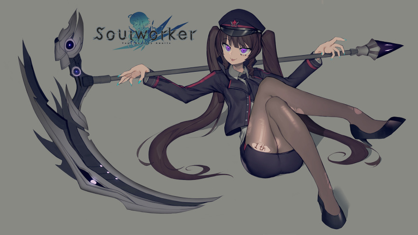 1girl :p barcode_tattoo black_hair hat high_heels highres legs_crossed lily_bloomerchen long_hair looking_at_viewer nail_polish pantyhose pencil_skirt scythe simple_background skirt solo soul_worker tattoo tongue tongue_out torn_clothes torn_pantyhose tttanggvl twintails violet_eyes