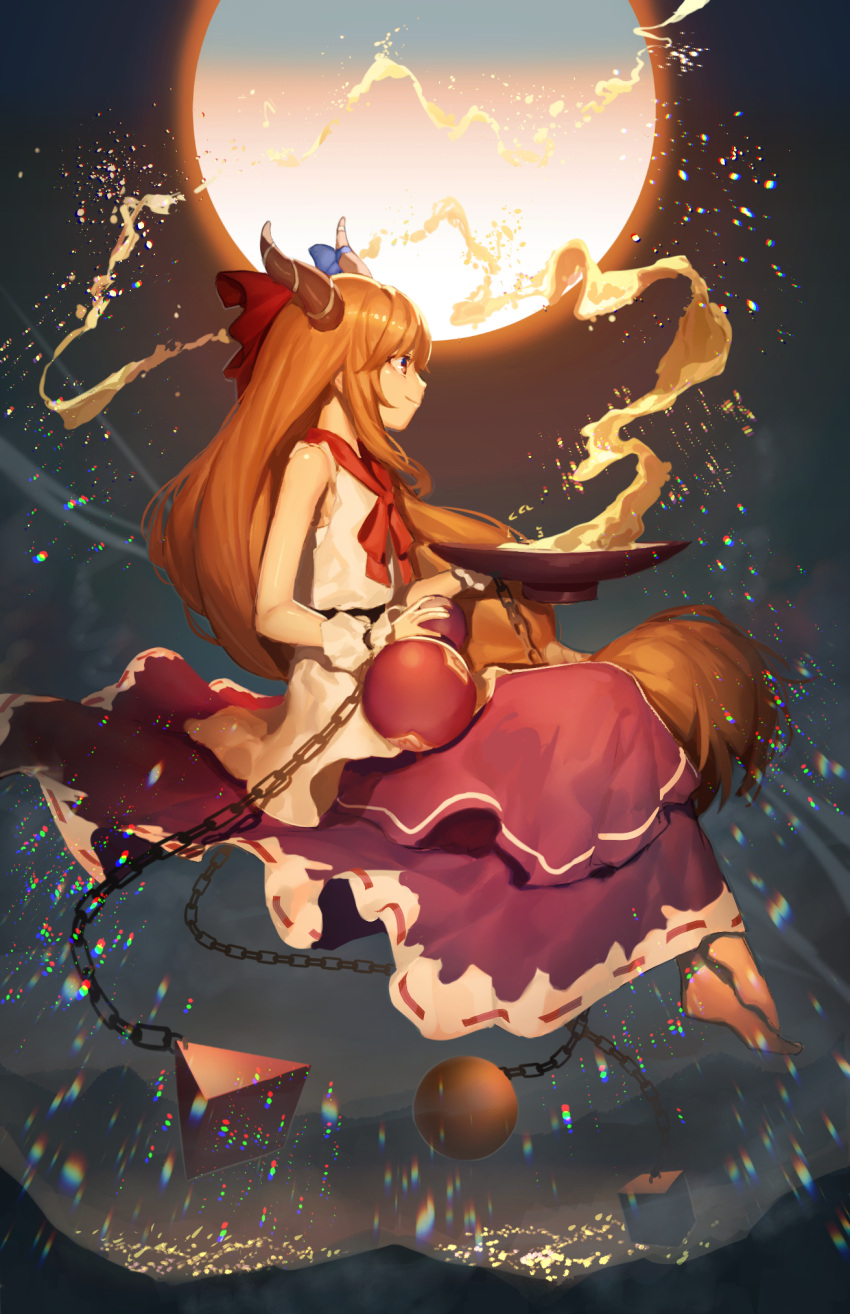 1girl alcohol barefoot brown_eyes brown_hair chains cup floating full_moon gourd hair_ribbon highres horns ibuki_suika layered_skirt long_hair moon motsuba neck_ribbon night oni orange_eyes orange_hair profile ribbon sakazuki sake skirt sleeveless smile solo touhou wrist_cuffs