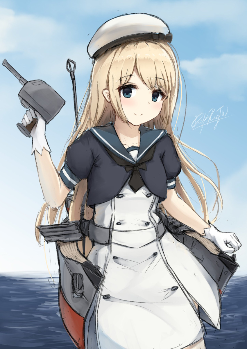 1girl blonde_hair blue_eyes blue_sailor_collar blue_sky cannon cowboy_shot dress driftkingtw gloves hat highres horizon jervis_(kantai_collection) kantai_collection long_hair looking_at_viewer machinery ocean outdoors sailor_collar sailor_dress sailor_hat short_sleeves signature sky smile solo turret water white_dress white_gloves white_hat