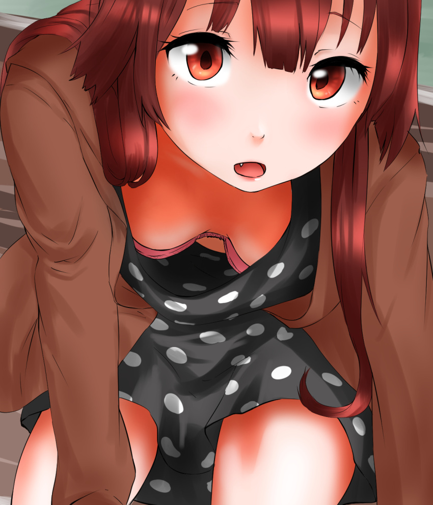 1girl blush bra breasts brown_hair downblouse dress fang fangs highres jacket kantai_collection kuma_(kantai_collection) leaning_forward long_hair looking_at_viewer open_mouth red_eyes short_dress small_breasts solo tama_(seiga46239239) thighs underwear