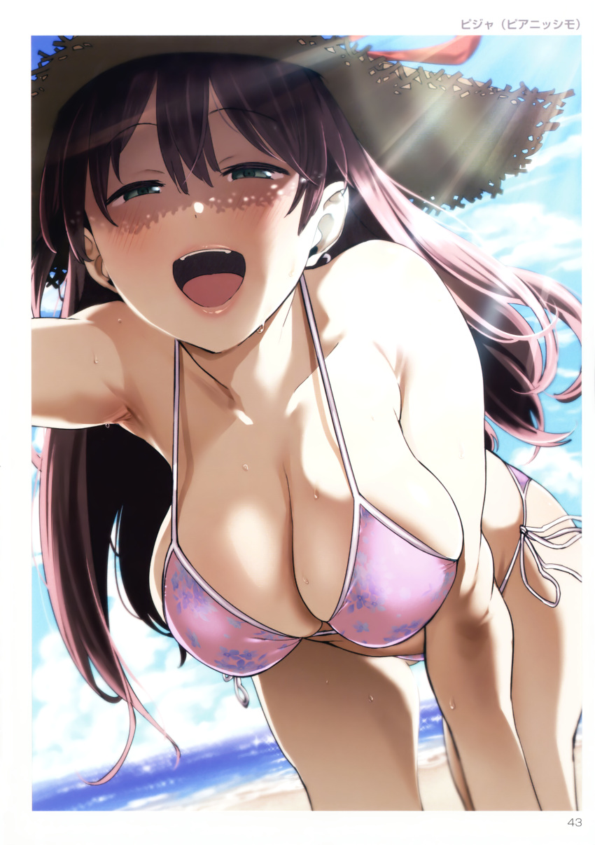1girl :d absurdres arm_up beach bent_over bikini blue_eyes blush breasts cleavage collarbone cowboy_shot day dutch_angle gluteal_fold half-closed_eyes hat hat_ribbon highres large_breasts long_hair looking_at_viewer open_mouth outdoors pija_(pianiishimo) pink_bikini purple_hair ribbon scan side-tie_bikini smile solo strap_gap straw_hat sun_hat sunlight sweat swimsuit toranoana
