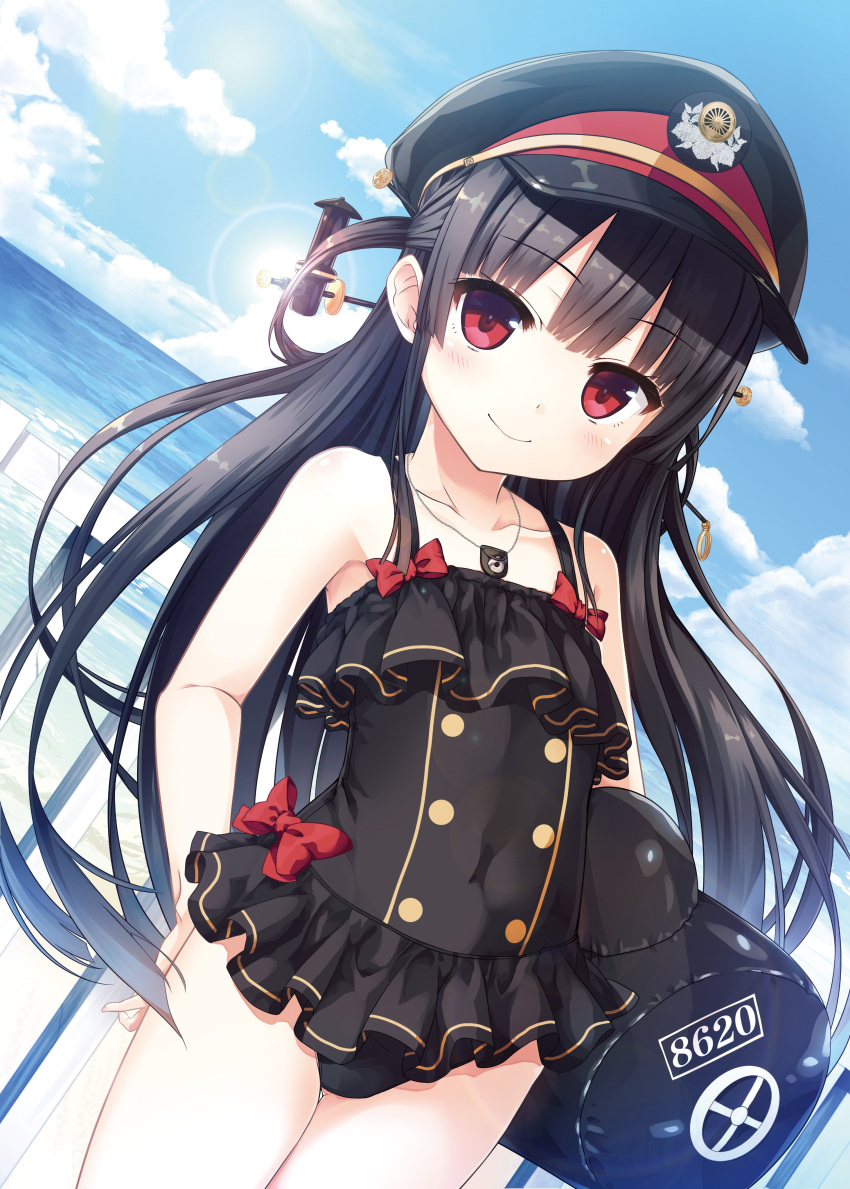 1girl absurdres bangs bare_arms bare_shoulders black_hair black_hat black_swimsuit blue_sky blush bow carrying_under_arm casual_one-piece_swimsuit closed_mouth clouds collarbone commentary_request cura day dutch_angle eyebrows_visible_through_hair fingernails hachiroku_(maitetsu) hair_ornament hair_rings hat highres horns inflatable_toy long_hair looking_at_viewer maitetsu military_hat ocean one-piece_swimsuit outdoors peaked_cap railing red_bow red_eyes sky smile solo sunlight swimsuit very_long_hair water