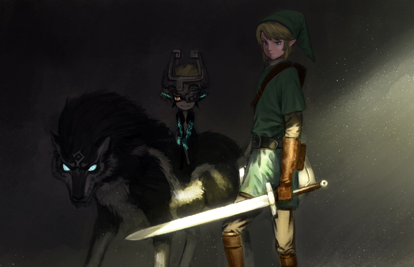 1boy 1girl animal blonde_hair boots brown_gloves dual_persona facial_mark forehead_mark gloves glowing glowing_eyes glowing_tattoo hat highres light_particles link link_(wolf) looking_at_viewer mask midna monster_girl pointy_ears riding serious shade shield smile sword tattoo the_legend_of_zelda the_legend_of_zelda:_twilight_princess wasabi60 weapon wolf