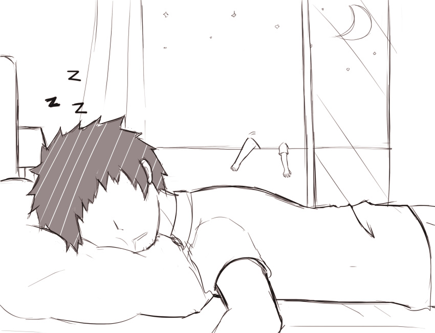 1boy climbing comic commentary_request crescent_moon curtains faceless faceless_male greenteaneko greyscale highres indoors lamp lying monochrome moon on_bed on_stomach original pillow shirt short_sleeves silent_comic sketch sky sleeping solo_focus star_(sky) starry_sky window zzz