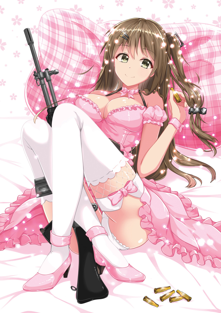 absurdres bare_shoulders breasts brown_hair cleavage detached_sleeves dress floral_background full_body girls_frontline grey_eyes gun hair_ornament hairclip highres holding holding_gun holding_weapon k-2_(girls_frontline) legs_crossed long_hair looking_at_viewer neck_ribbon panties pantyshot pillow pink_dress reclining ribbon shailiar short_sleeves side_ponytail thigh-highs underwear weapon white_legwear white_panties wrist_cuffs