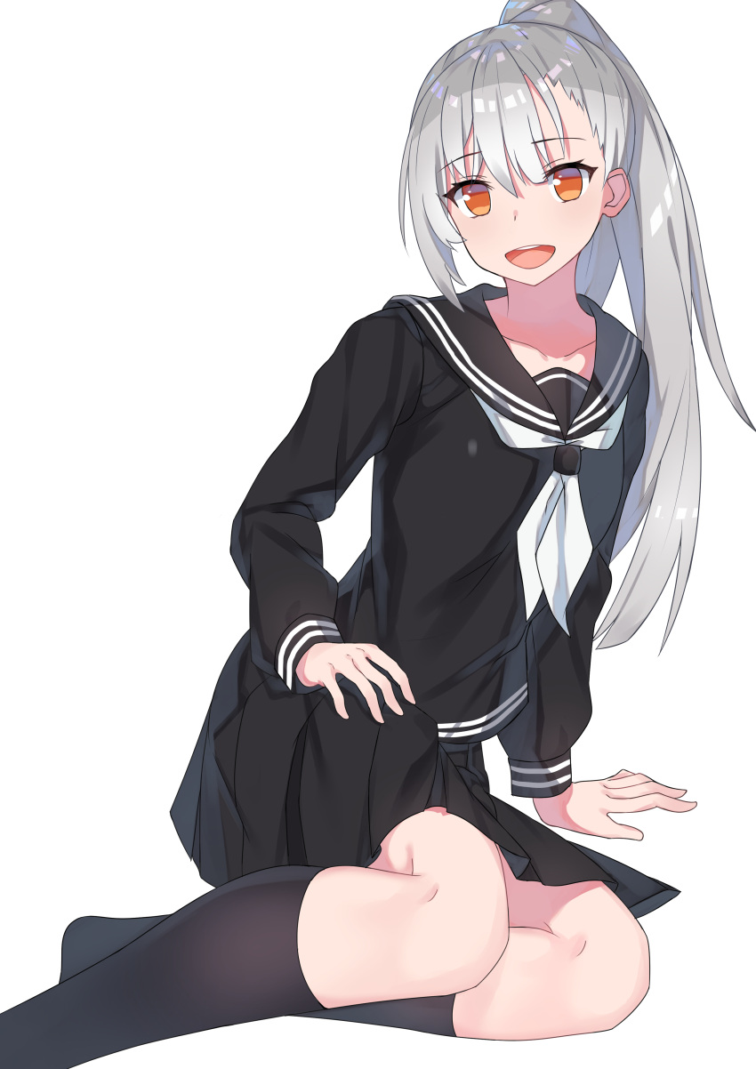 1girl :d absurdres arm_behind_back arm_support asymmetrical_bangs bangs black_legwear black_serafuku black_skirt closers collarbone commentary eyebrows_visible_through_hair eyelashes eyes_visible_through_hair grey_hair hair_between_eyes hand_on_hip high_ponytail highres kneehighs long_hair long_sleeves looking_at_viewer miniskirt neckerchief no_shoes open_mouth orange_eyes pleated_skirt raised_eyebrows round_teeth school_uniform serafuku simple_background skirt sleeve_cuffs smile solo teeth tina_(closers) unscpro white_background white_neckwear