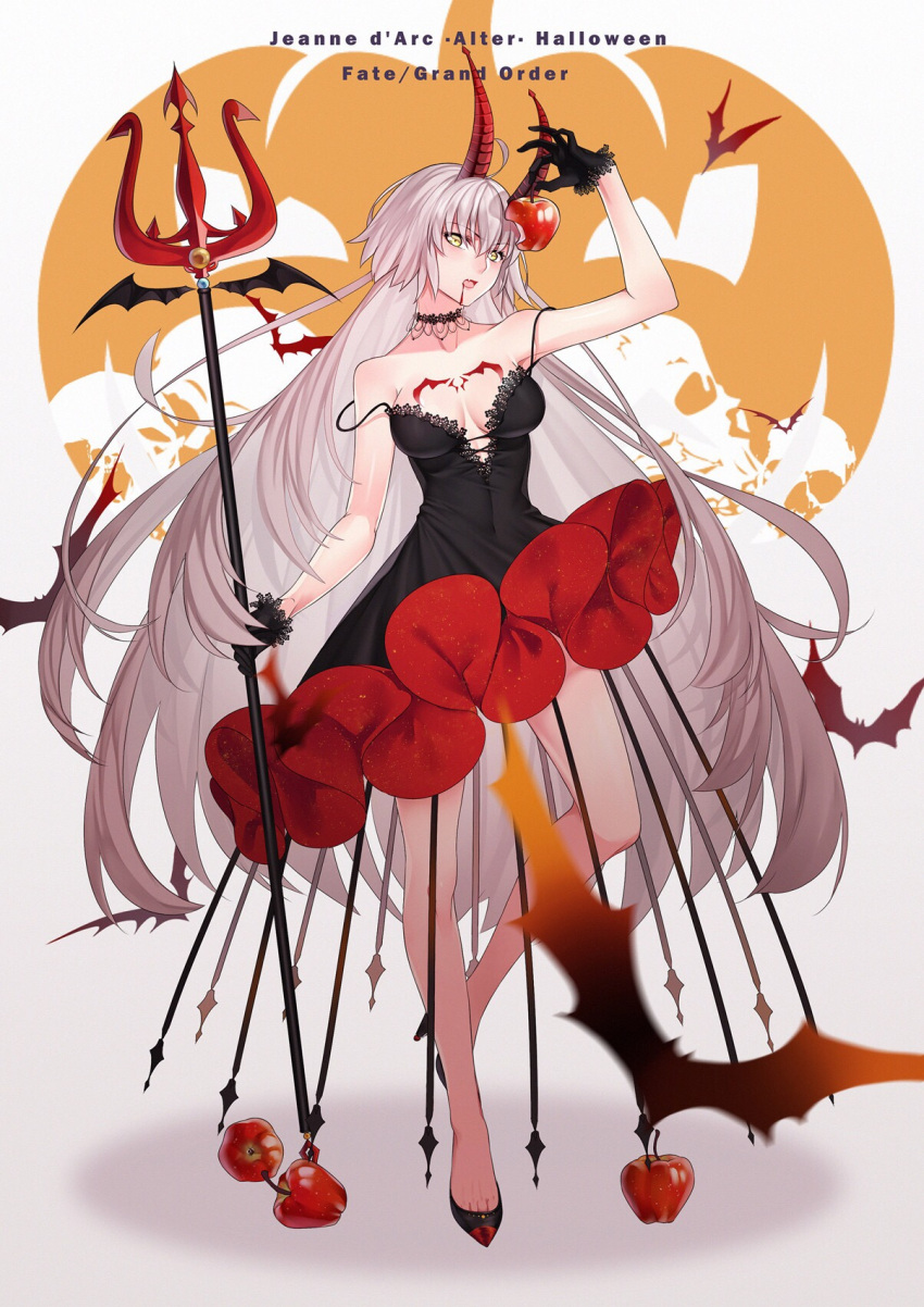 1girl bat black_dress black_gloves breasts character_name choker cleavage collarbone copyright_name dress eyebrows_visible_through_hair fate/grand_order fate_(series) floating_hair food fruit gloves hair_between_eyes head_tilt highres holding holding_fruit holding_weapon horns jeanne_alter jeanne_d'arc_(alter)_(fate) jeanne_d'arc_(fate)_(all) long_hair medium_breasts off_shoulder open_mouth polearm ruler_(fate/apocrypha) short_dress silver_hair sleeveless sleeveless_dress solo standing very_long_hair weapon yaoshi_jun yellow_eyes