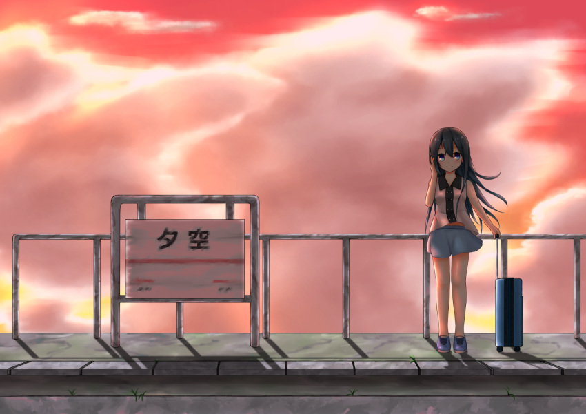 1girl aoi_thomas bangs bare_arms bare_shoulders black_hair blue_eyes blue_footwear blue_skirt blush closed_mouth clouds cloudy_sky commentary_request eyebrows_visible_through_hair hair_between_eyes highres long_hair looking_at_viewer original outdoors red_sky rolling_suitcase shirt shoes skirt sky sleeveless sleeveless_shirt smile solo standing sunset train_station very_long_hair white_shirt