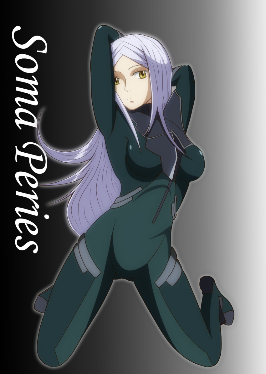 1girl bodysuit breasts commentary commentary_request d_boy@seishun_bakuhatsu gundam gundam_00 highres long_hair pilot_suit pose skin_tight soma_peries white_hair yellow_eyes